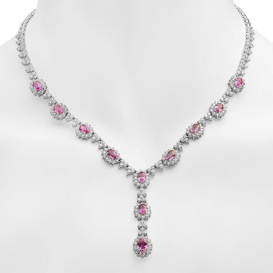 18K Gold 7.89ct Pink Sapphire 7.42ct Diamond Necklace: Retail: $32,583.00 ****** 18K Gold 7.89ct Pink Sapphire 7.42ct Diamond Necklace ****** Metal: 18K Solid Gold / Total Item Weight: 31.8 grams / Country Made: United States / / Main Stone: Pink Sapphire
