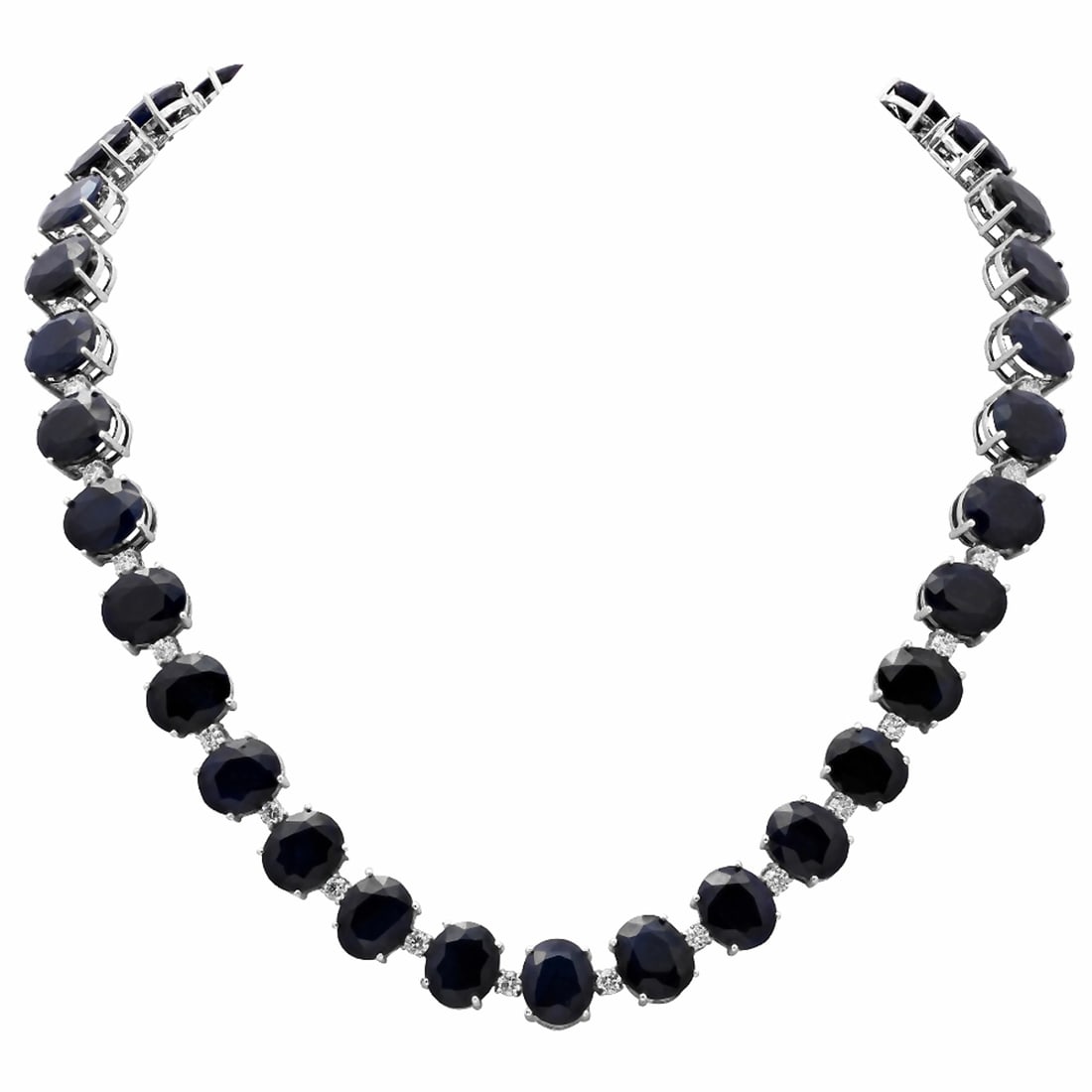 14k White Gold 145.51ct Sapphire 4.31ct Diamond Necklace: Retail: $23,590.00 ****** 14k White Gold 145.51ct Sapphire 4.31ct Diamond Necklace ****** Metal: 14K White Gold / Total Item Weight: 71.60 grams / Country Made: United States / / Main Stone: Sapphire 