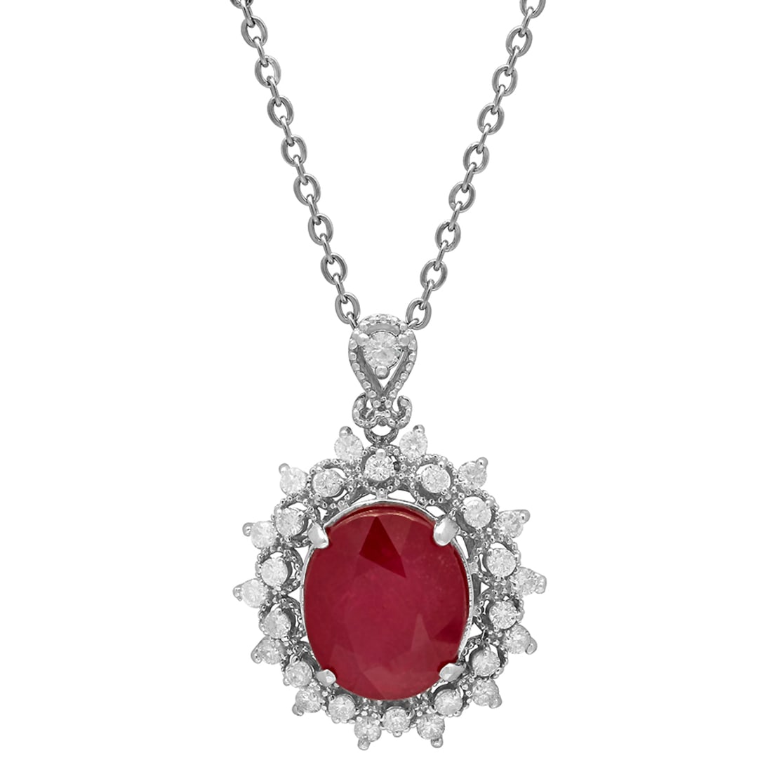 14k White Gold 7.45ct Ruby 0.65ct Diamond Pendant: Retail: $4,380.00 ****** 14k White Gold 7.45ct Ruby 0.65ct Diamond Pendant ****** Metal: 14K White Gold / Total Item Weight: 4.80 grams / Country Made: United States / / Main Stone: Ruby / Color: Inte