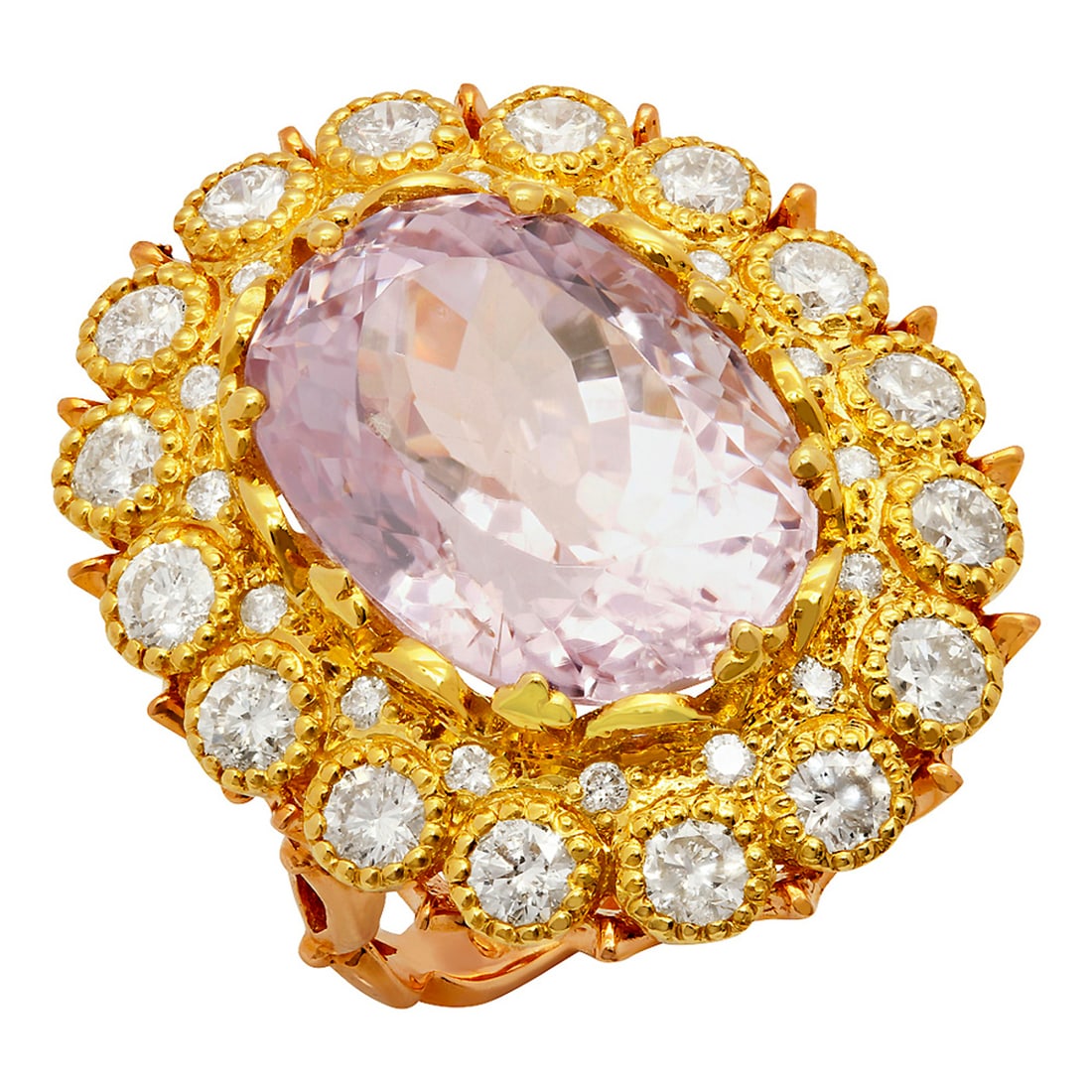 14k Yellow & Rose Gold 19.86ct Kunzite 2.84ct Diamond Ring: Retail: $14,480.00 ****** 14k Yellow & Rose Gold 19.86ct Kunzite 2.84ct Diamond Ring ****** Metal: 14K Yellow & Rose Gold / Total Item Weight: 15.40 grams / Country Made: United States / / Main Stone: