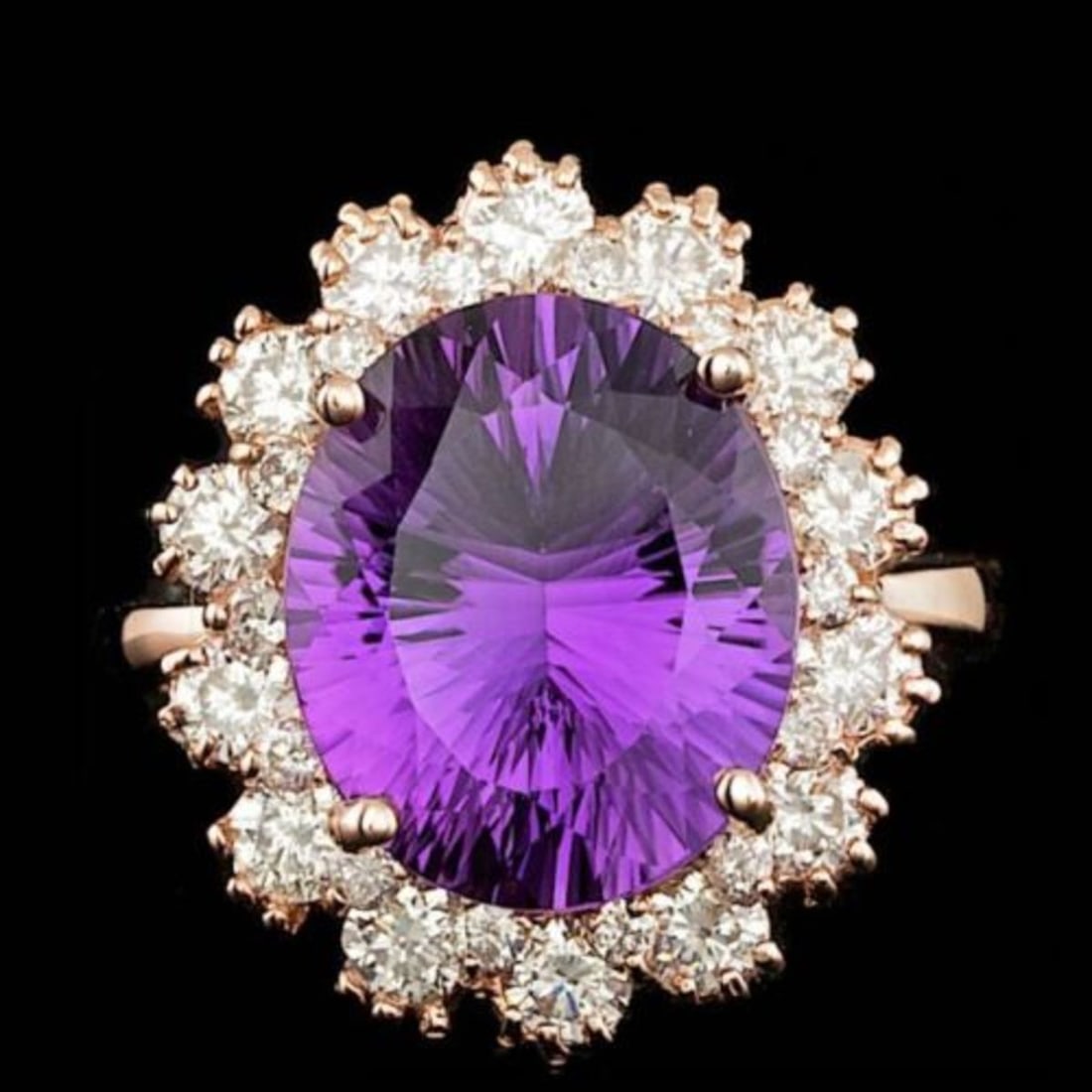 14K Rose Gold 5.42ct Amethyst and 1.57ct Diamond Ring: Retail: $8,935.00 ****** 14K Rose Gold 5.42ct Amethyst and 1.57ct Diamond Ring ****** Metal: 14K Rose Gold / Total Item Weight: 6.5 Grams / Country Made: United States / / Main Stone: Amethyst / Color