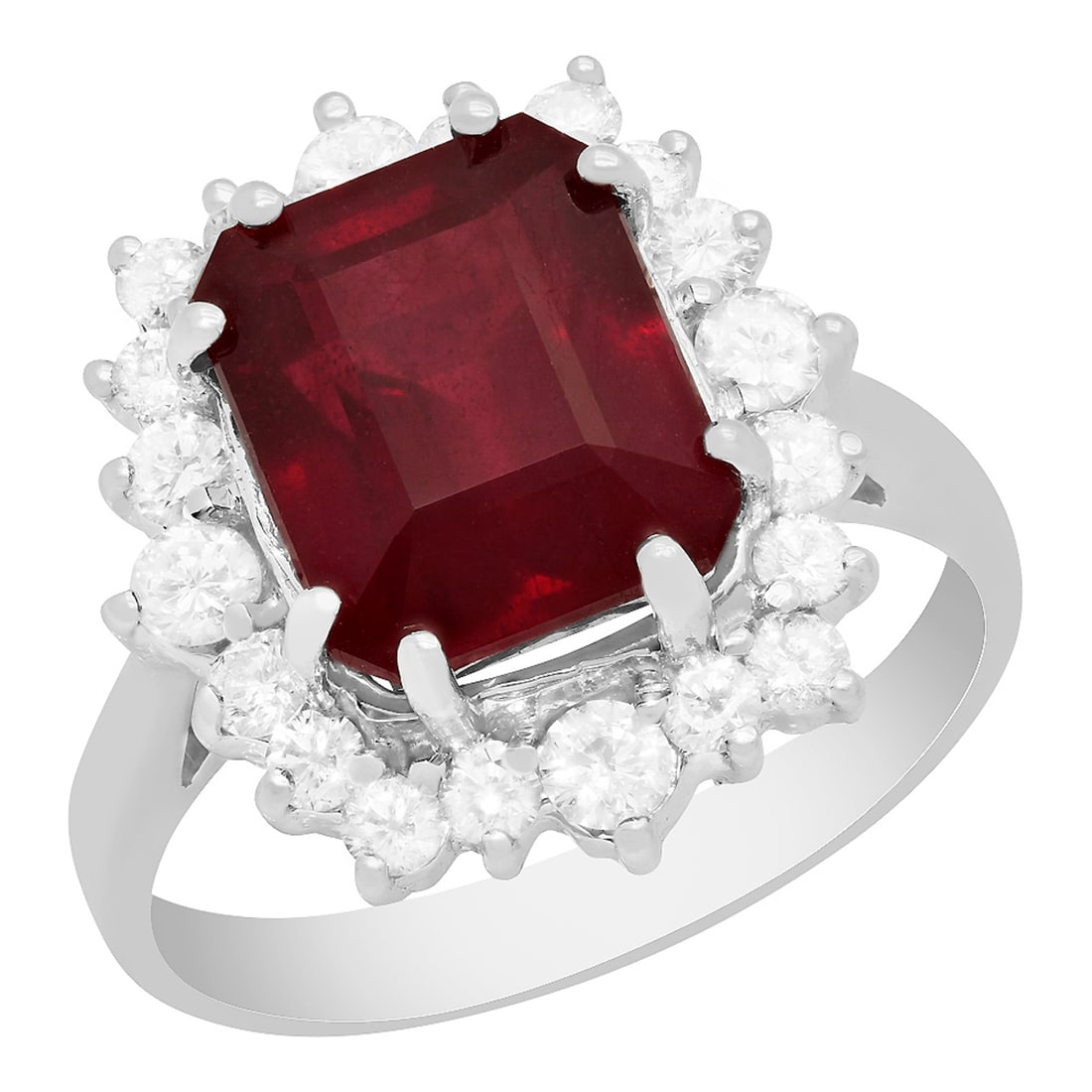 14k White Gold 6.14ct Ruby 0.75ct Diamond Ring: Retail: $9,380.00 ****** 14k White Gold 6.14ct Ruby 0.75ct Diamond Ring ****** Metal: 14K White Gold / Total Item Weight: 5.80 grams / Country Made: United States / / Main Stone: Ruby / Color: Intense