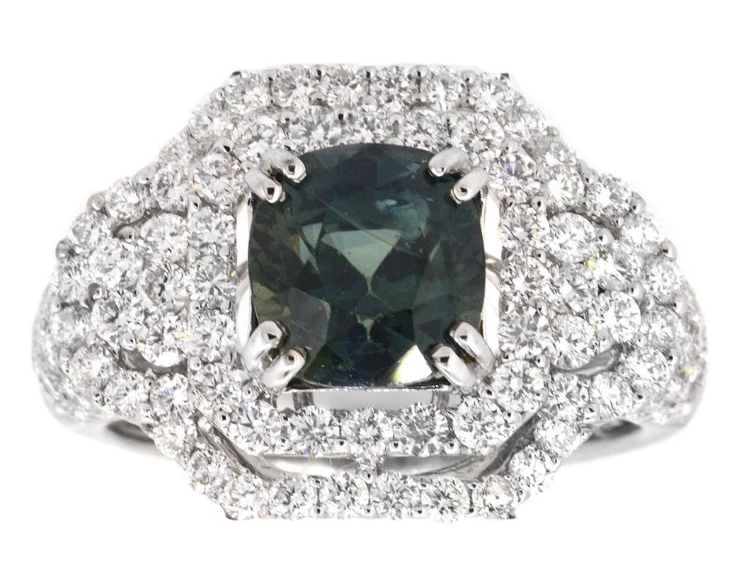 18K White Gold Ladies Ring with 3.38ct GIA Certified Sapphire and 1.92ct tw Adjacent Diamonds: Retail: $24,000.00 ****** 18K White Gold Ladies Ring with 3.38ct GIA Certified Sapphire and 1.92ct tw Adjacent Diamonds ****** Size: 6.5 / Metal: 18K White Gold / Total Item Weight: 6.7 Grams /