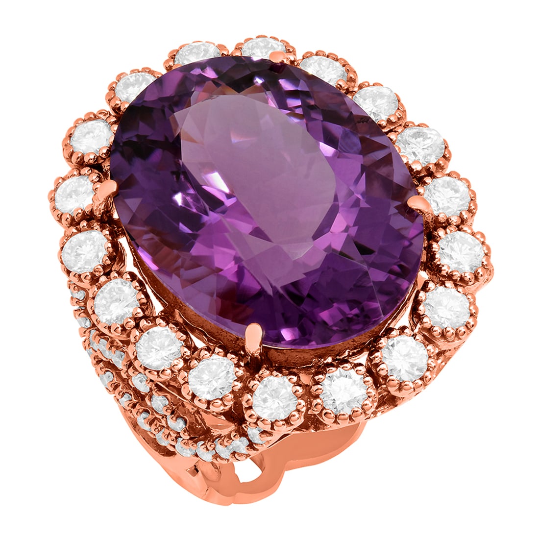 14k Rose Gold 17.38ct Amethyst 1.78ct Diamond Ring: Retail: $9,425.00 ****** 14k Rose Gold 17.38ct Amethyst 1.78ct Diamond Ring ****** Metal: 14K Rose Gold / Total Item Weight: 12.20 grams / Country Made: United States / / Main Stone: Amethyst / Color: