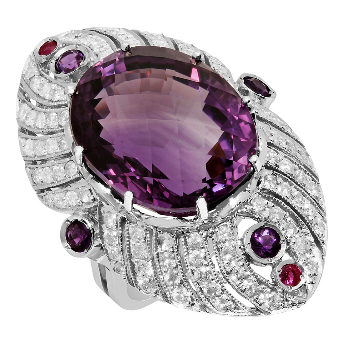 14k White Gold 26.23ct & 0.40ct Amethyst 0.15ct Ruby 1.72ct Diamond Ring: Retail: $11,760.00 ****** 14k White Gold 26.23ct & 0.40ct Amethyst 0.15ct Ruby 1.72ct Diamond Ring ****** Metal: 14K White Gold / Total Item Weight: 18.40 grams / Country Made: United States / / Main 