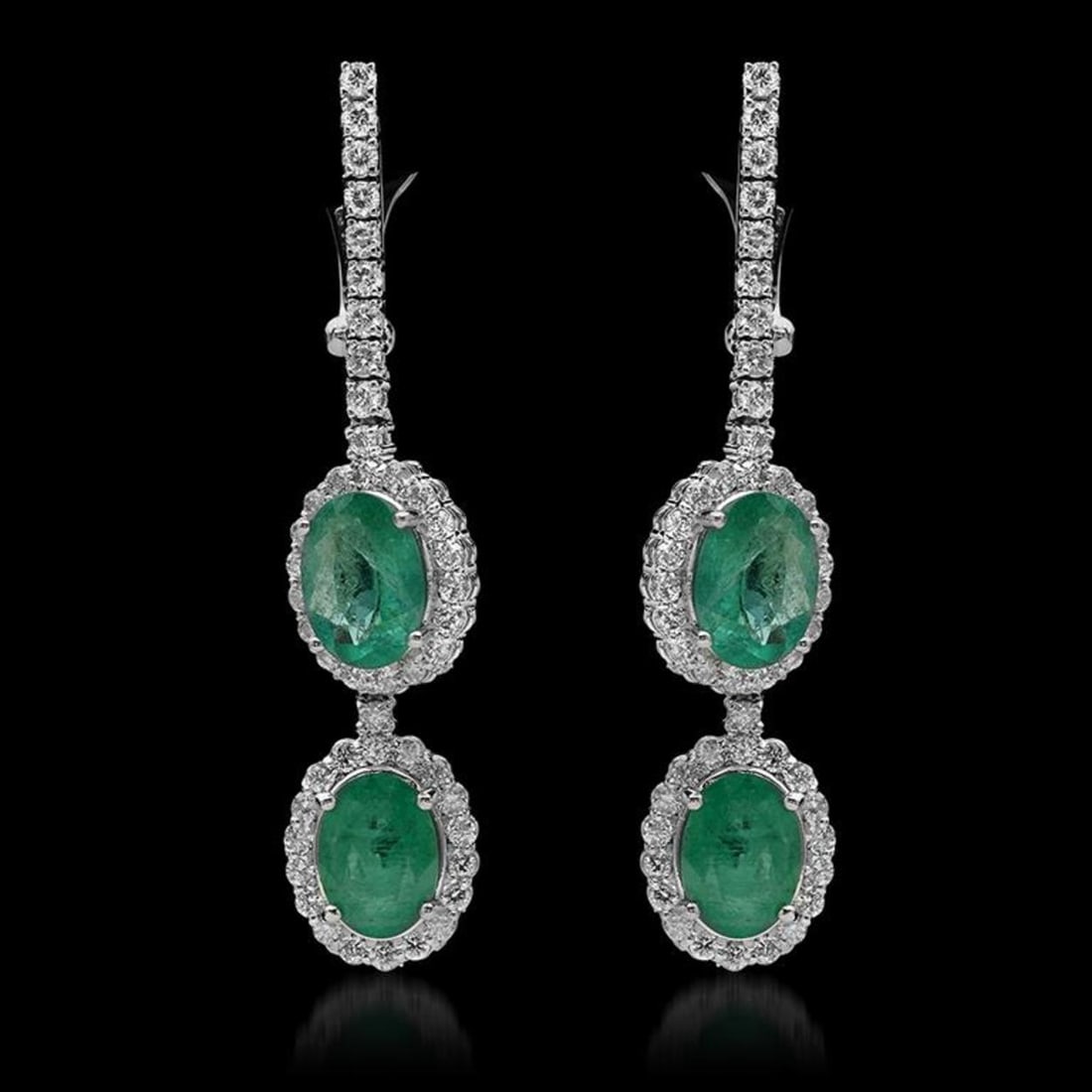 14K Gold 5.30ct Emerald & 2.01ct Diamond Earrings: Retail: $13,445.00 ****** 14K Gold 5.30ct Emerald & 2.01ct Diamond Earrings ****** Metal: 14K Solid White Gold / Total Item Weight: 10.1 grams / Country Made: United States / / Main Stone: Emerald / C