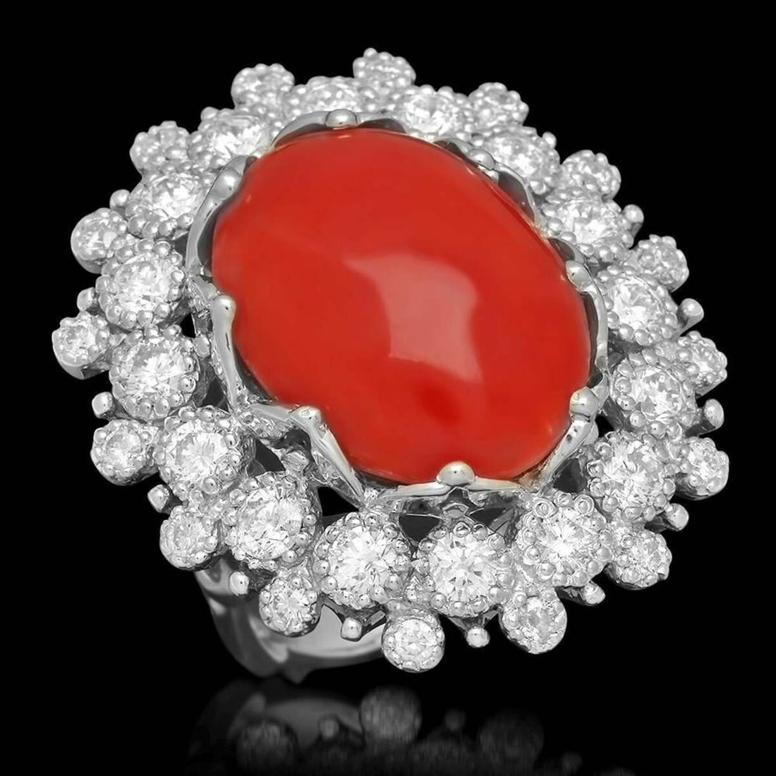 14K White Gold 12.92ct Coral and 2.50ct Diamond Ring: Retail: $15,872.00 ****** 14K White Gold 12.92ct Coral and 2.50ct Diamond Ring ****** Metal: 14K White Gold / Total Item Weight: 13.5 Grams / Country Made: United States / / Main Stone: Coral /