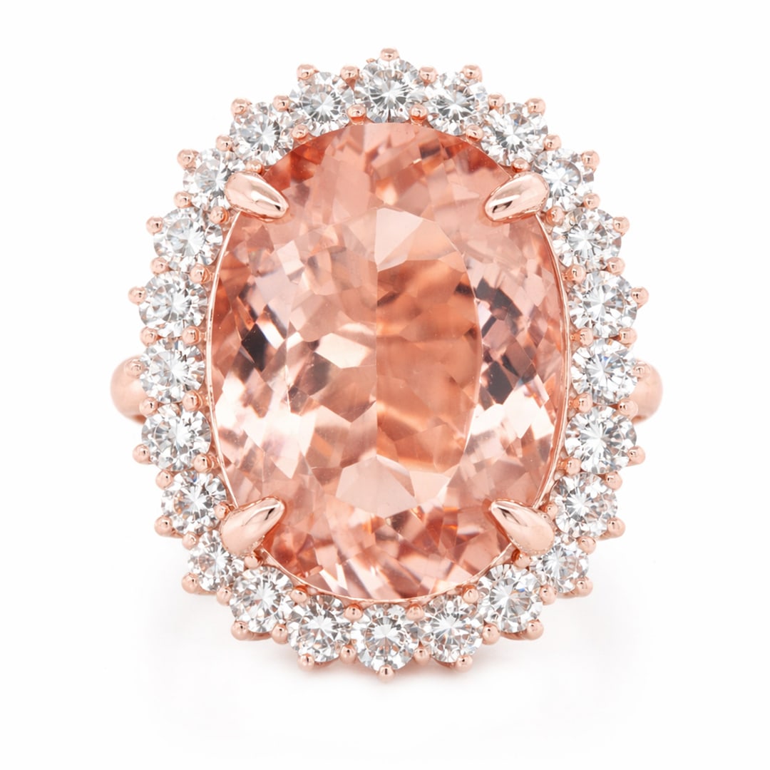 14K Rose Gold Ladies Ring with 12.50ct GIA Certified Morganite and 1.92tcw Adjacent Diamonds