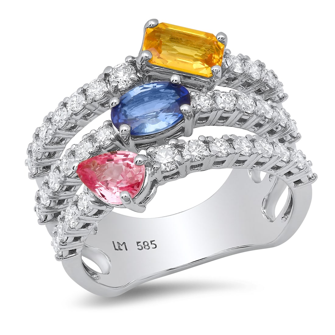 14K White Gold 1.95ct Multi-color Sapphire and 0.97ct Diamond Ring: Retail: $9,280.00 ****** 14K White Gold 1.95ct Multi-color Sapphire and 0.97ct Diamond Ring ****** Size: 6.5 (we offer free resizing to winning bidders) / Metal: 14K White Gold / Total Item Weight: 5.