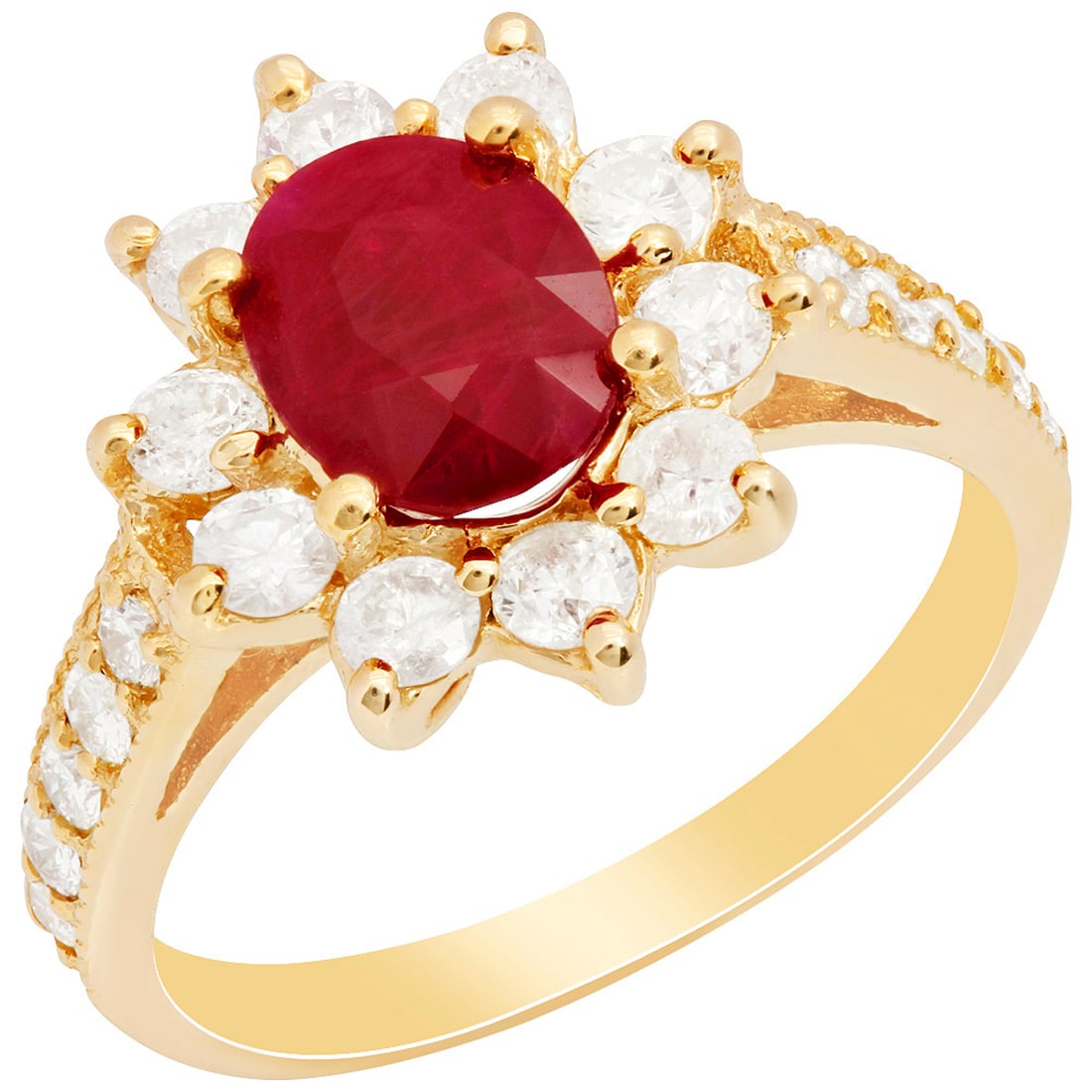 14k Yellow Gold 1.61ct Ruby 1.00ct Diamond Ring: Retail: $3,100.00 ****** 14k Yellow Gold 1.61ct Ruby 1.00ct Diamond Ring ****** Metal: 14K Yellow Gold / Total Item Weight: 3.80 grams / Country Made: United States / / Main Stone: Ruby / Color: Inten