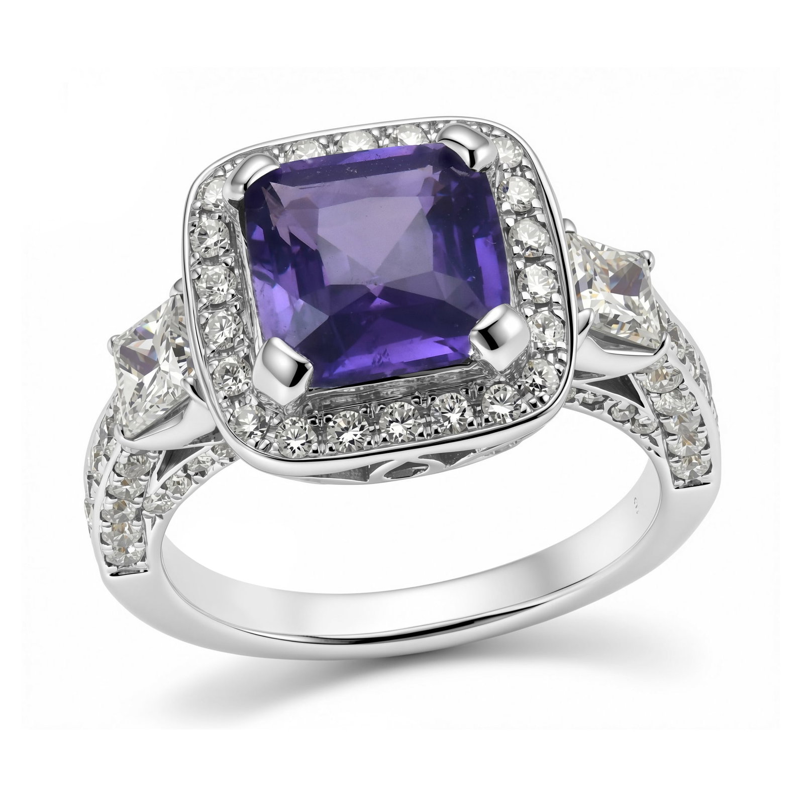 14K White Gold Ladies Ring with 3.02ct Purple Sapphire and 1.77tcw Adjacent Diamonds: Retail: $34,860.00 ****** 14K White Gold Ladies Ring with 3.02ct Purple Sapphire and 1.77tcw Adjacent Diamonds ****** Size: 7 / Metal: 14K White Gold / Total Item Weight: 6.3 Grams / Country Made: Uni