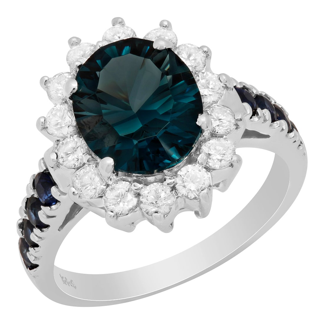 14k White Gold 3.00ct Blue Topaz 0.51ct Sapphire 0.69ct Diamond Ring: Retail: $1,890.00 ****** 14k White Gold 3.00ct Blue Topaz 0.51ct Sapphire 0.69ct Diamond Ring ****** Metal: 14K White Gold / Total Item Weight: 5.20 grams / Country Made: United States / / Main Stone: