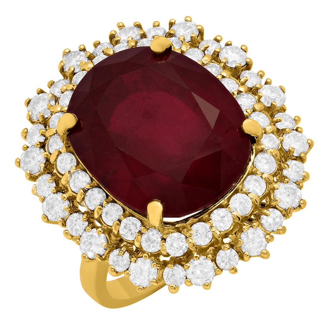 14k Yellow Gold 17.15ct Ruby 2.13ct Diamond Ring: Retail: $10,250.00 ****** 14k Yellow Gold 17.15ct Ruby 2.13ct Diamond Ring ****** Metal: 14K Yellow Gold / Total Item Weight: 10.49 grams / Country Made: United States / / Main Stone: Ruby / Color: In