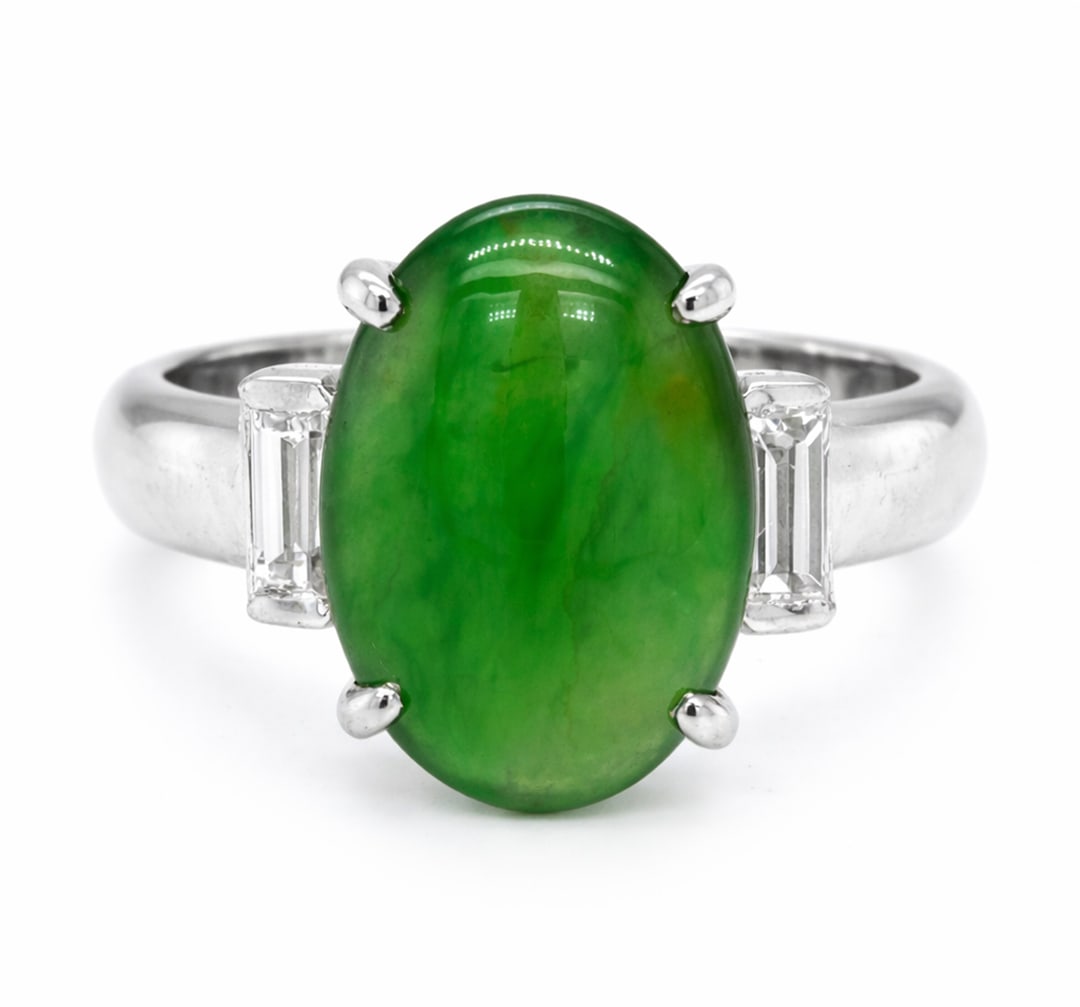 Platinum Ladies Ring with 3.58ct Jadeite and 0.36tcw side Diamonds: Retail: $9,137.00 ****** Platinum Ladies Ring with 3.58ct Jadeite and 0.36tcw side Diamonds ****** Size: 7 (we offer free resizing to winning bidders) / Metal: Platinum / Total Item Weight: 8.5 Grams 