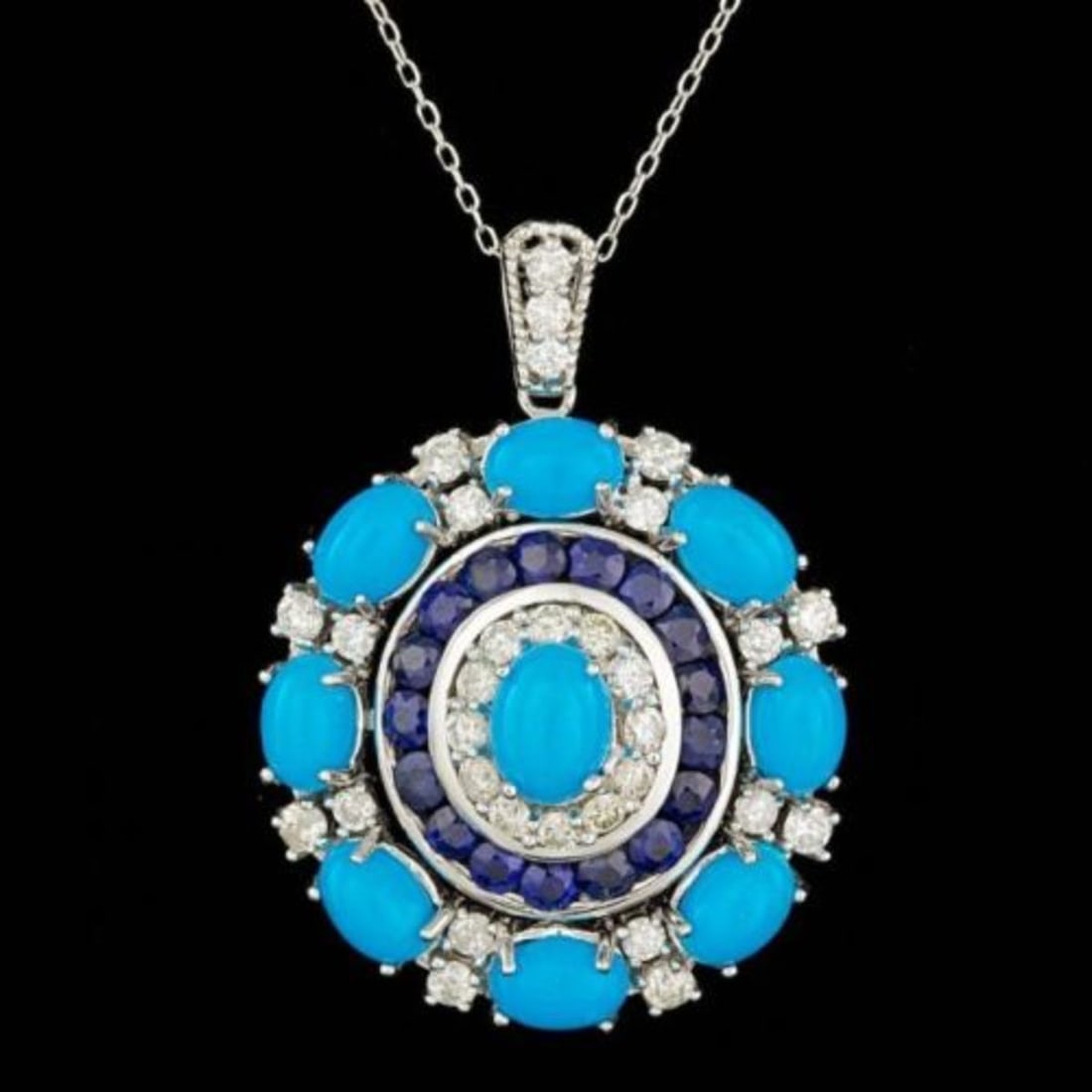 14K White Gold 8.81ct Turquoise 2.57ct Sapphire 1.59ct Diamond Pendant: Retail: $49,715.00 ****** 14K White Gold 8.81ct Turquoise 2.57ct Sapphire 1.59ct Diamond Pendant ****** Metal: 14K White Gold / Total Item Weight: 12.5 Grams / Country Made: United States / / Main Sto