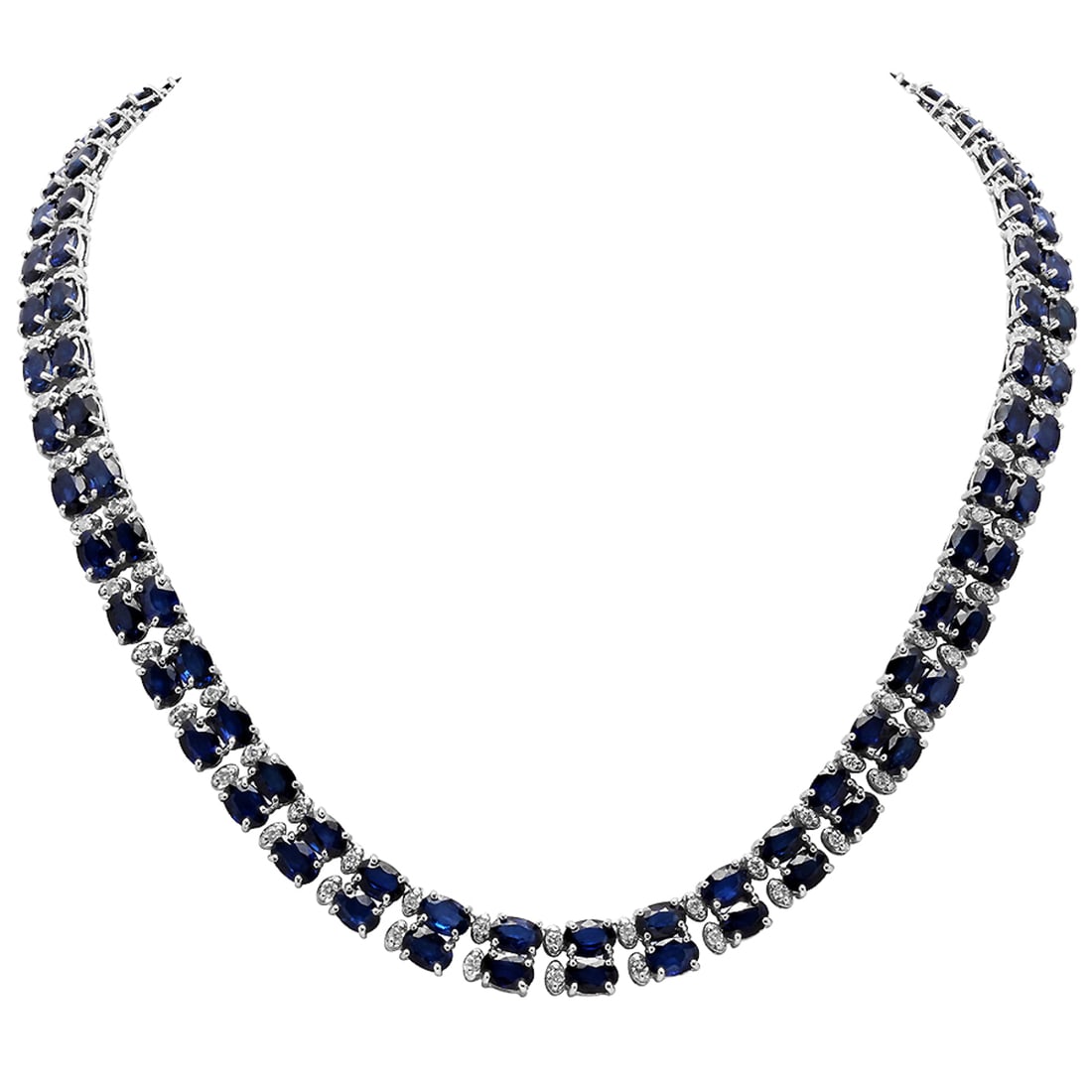 14k White Gold 52.31ct Sapphire 2.55ct Diamond Necklace: Retail: $19,490.00 ****** 14k White Gold 52.31ct Sapphire 2.55ct Diamond Necklace ****** Metal: 14K White Gold / Total Item Weight: 40.32 grams / Country Made: United States / / Main Stone: Sapphire /