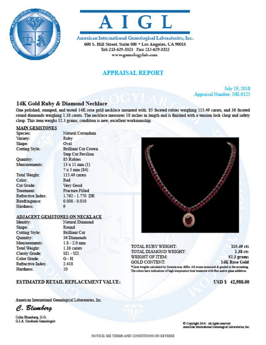 14K Gold 115.49ct Ruby 1.38ct Diamond Necklace - 4
