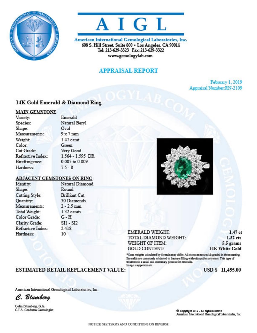 14K White Gold 1.47ct Emerald and 1.32ct Diamond Ring - 4