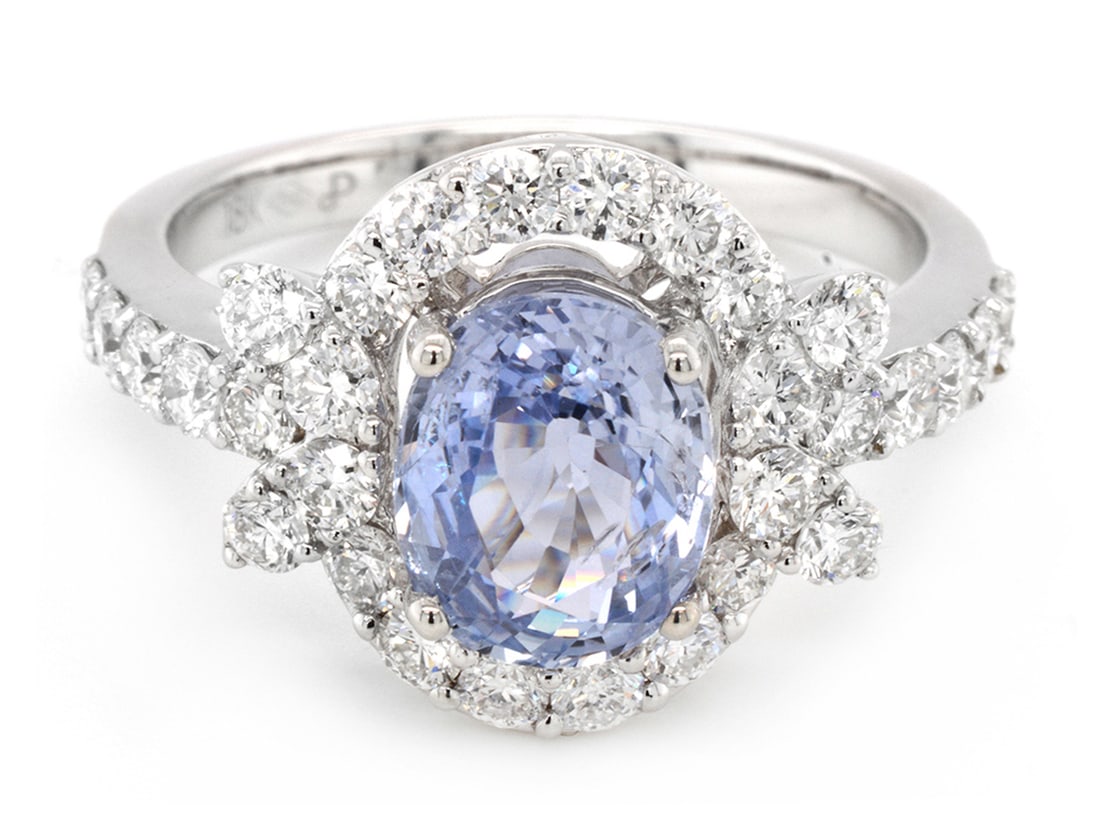 18K White Gold Ladies Ring with 2.60ct GIA Certified Sapphire and 1.21ct tw Adjacent Diamonds: Retail: $8,000.00 ****** 18K White Gold Ladies Ring with 2.60ct GIA Certified Sapphire and 1.21ct tw Adjacent Diamonds ****** Size: 6.5 / Metal: 18K White Gold / Total Item Weight: 4.8 Grams / Country