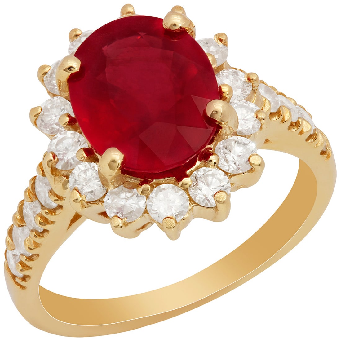 14k Yellow Gold 3.22ct Ruby 1.06ct Diamond Ring: Retail: $3,690.00 ****** 14k Yellow Gold 3.22ct Ruby 1.06ct Diamond Ring ****** Metal: 14K Yellow Gold / Total Item Weight: 5.30 grams / Country Made: United States / / Main Stone: Ruby / Color: Inten