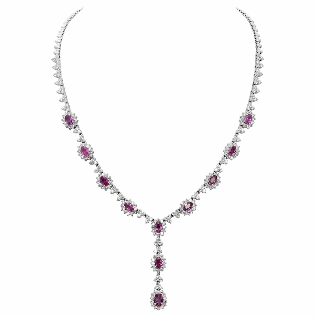 14k White Gold 7.71ct Pink Sapphire 7.41ct Diamond Necklace: Retail: $31,680.00 ****** 14k White Gold 7.71ct Pink Sapphire 7.41ct Diamond Necklace ****** Metal: 14K White Gold / Total Item Weight: 31.10 grams / Country Made: United States / / Main Stone: Pink S