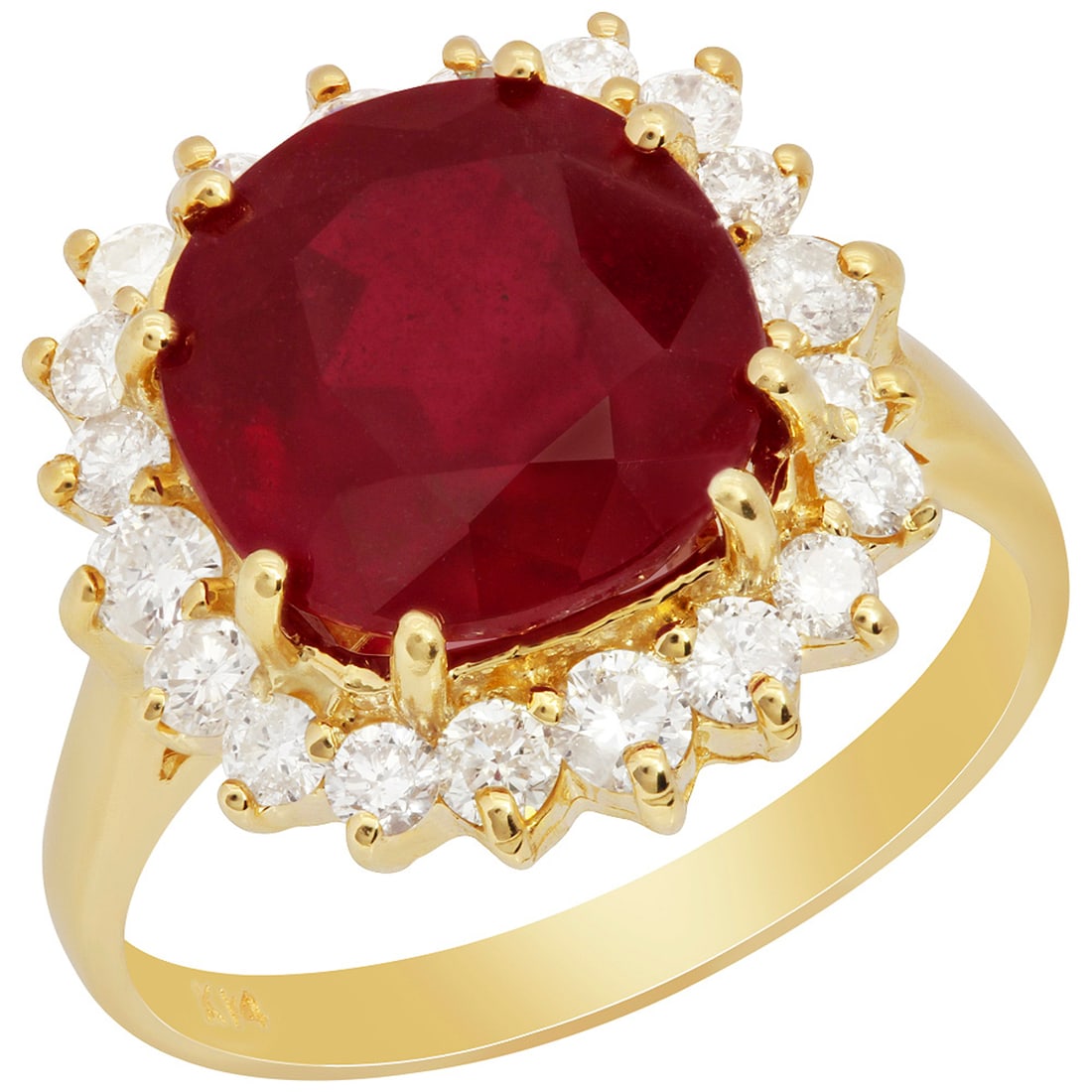 14k Yellow Gold 6.16ct Ruby 0.81ct Diamond Ring: Retail: $5,730.00 ****** 14k Yellow Gold 6.16ct Ruby 0.81ct Diamond Ring ****** Metal: 14K Yellow Gold / Total Item Weight: 5.60 grams / Country Made: United States / / Main Stone: Ruby / Color: Inten