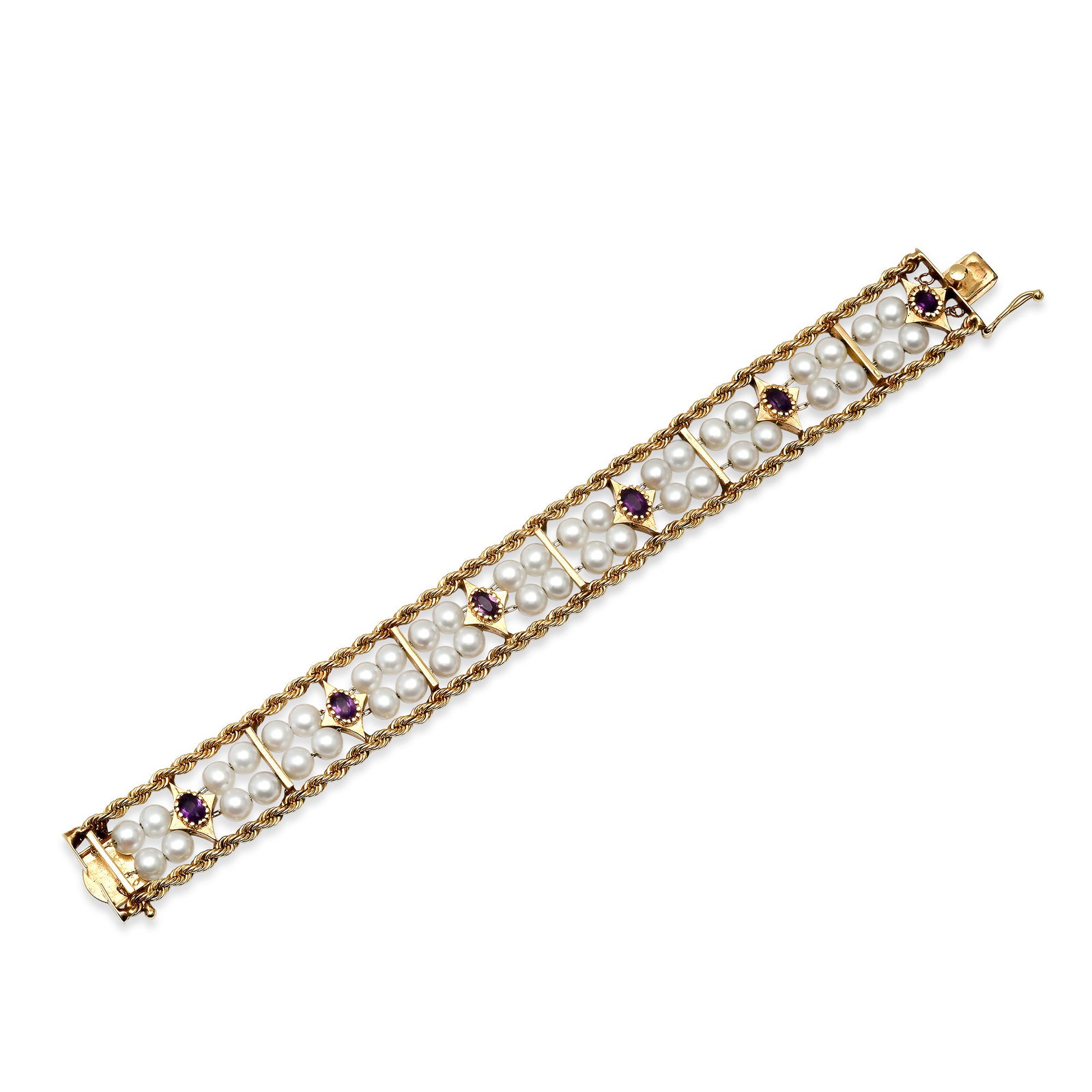 14K Yellow Gold Setting with 44, 6mm Pearls and 1.86ct Amethyst Bracelat: Retail: $21,600.00 ****** 14K Yellow Gold Setting with 44, 6mm Pearls and 1.86ct Amethyst Bracelat ****** Size: 7.25 / Metal: 14K Yellow Gold / Total Item Weight: 38.1 Grams / Country Made: United
