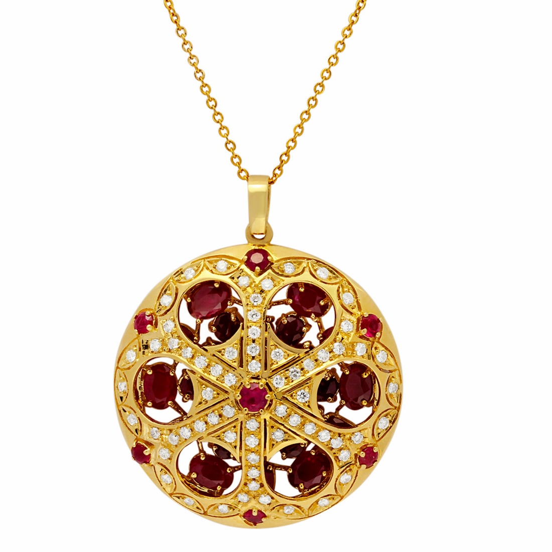 14k Yellow Gold 16.86ct Ruby 1.97ct Diamond Pendant: Retail: $18,990.00 ****** 14k Yellow Gold 16.86ct Ruby 1.97ct Diamond Pendant ****** Metal: 14K Yellow Gold / Total Item Weight: 23.80 grams / Country Made: United States / / Main Stone: Ruby /