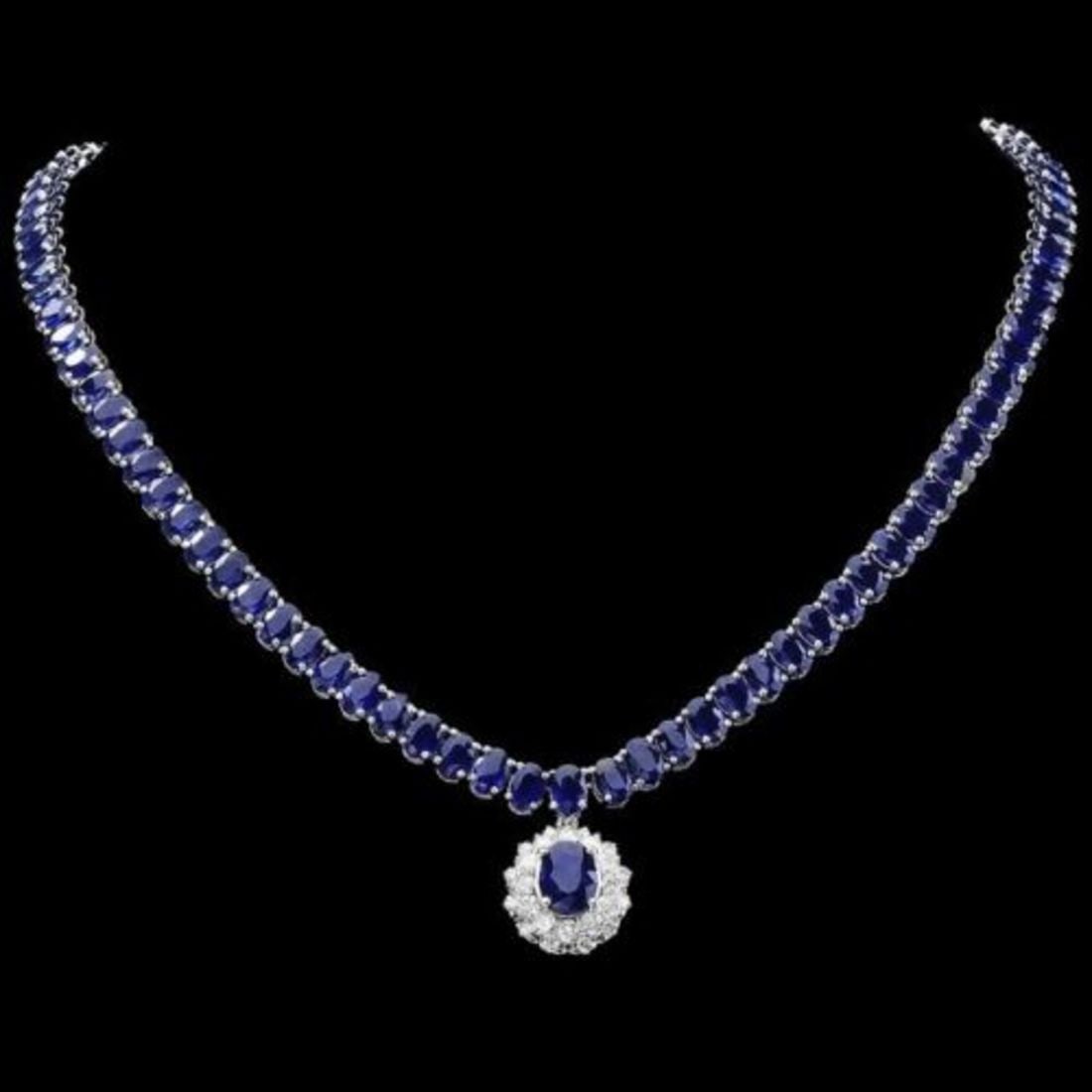 14K White Gold 53.22ct Sapphire and 1.42ct Diamond Necklace: Retail: $35,672.00 ****** 14K White Gold 53.22ct Sapphire and 1.42ct Diamond Necklace ****** Metal: 14K White Gold / Total Item Weight: 34.2 Grams / Country Made: United States / / Main Stone: Sapphir