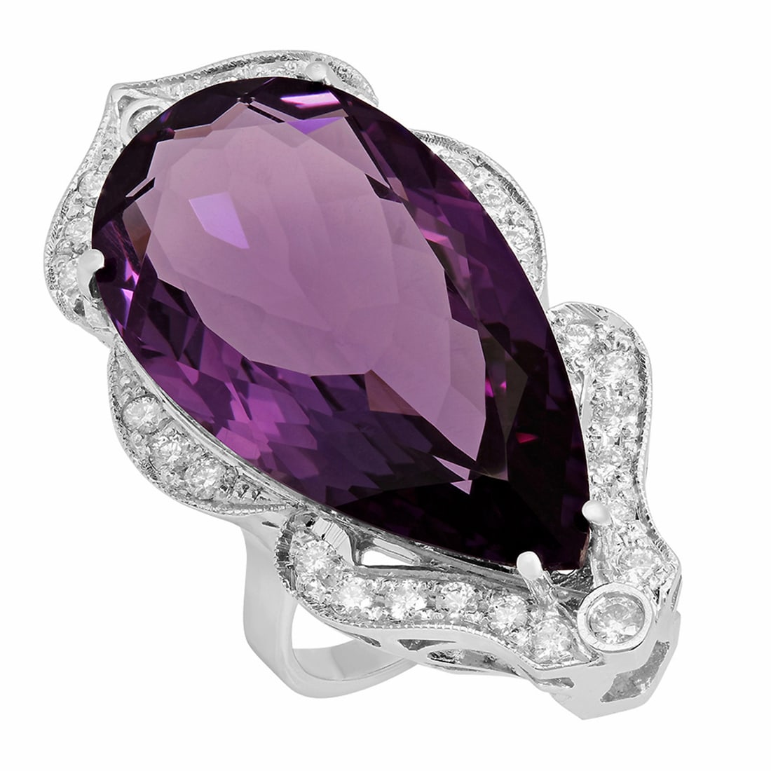 14k White Gold 24.16ct Amethyst 0.76ct Diamond Ring: Retail: $7,780.00 ****** 14k White Gold 24.16ct Amethyst 0.76ct Diamond Ring ****** Metal: 14K White Gold / Total Item Weight: 14.47 grams / Country Made: United States / / Main Stone: Amethyst /