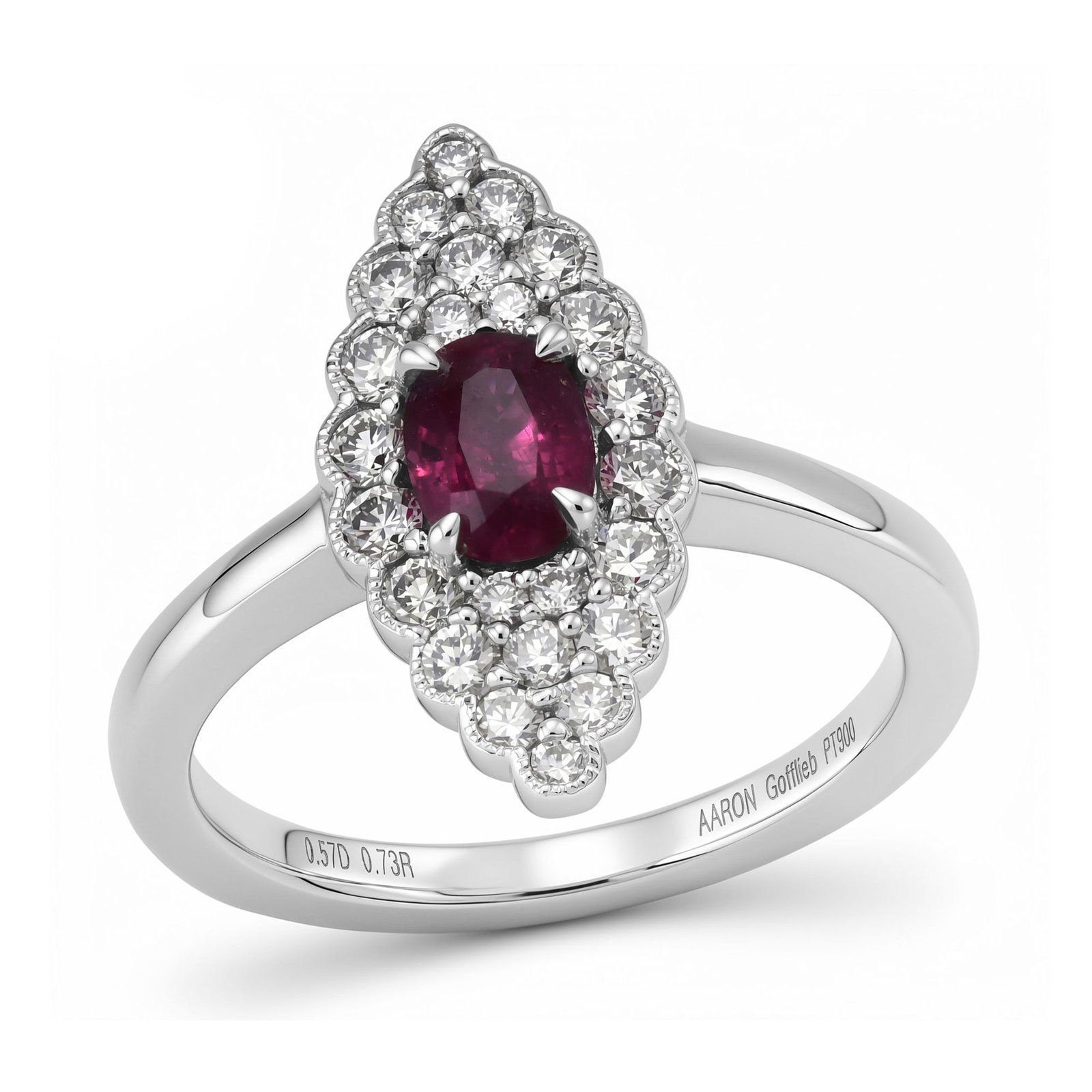Platinum Ladies Ring with 0.73ct Ruby and 0.57tcw Adjacent Diamonds: Retail: $12,520.00 ****** Platinum Ladies Ring with 0.73ct Ruby and 0.57tcw Adjacent Diamonds ****** Size: 7 / Metal: Platinum / Total Item Weight: 5.9 Grams / Country Made: United States / / Main Sto