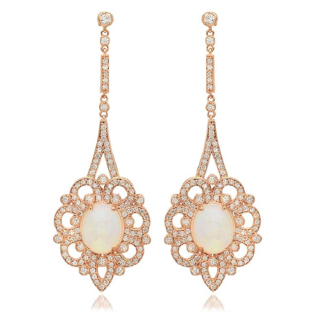 14K Rose Gold 5.88ct Opal and 2.53ct Diamond Earrings: Retail: $23,275.00 ****** 14K Rose Gold 5.88ct Opal and 2.53ct Diamond Earrings ****** Metal: 14K Rose Gold / Total Item Weight: 12.0 Grams / Country Made: United States / / Main Stone: Opal / Color:
