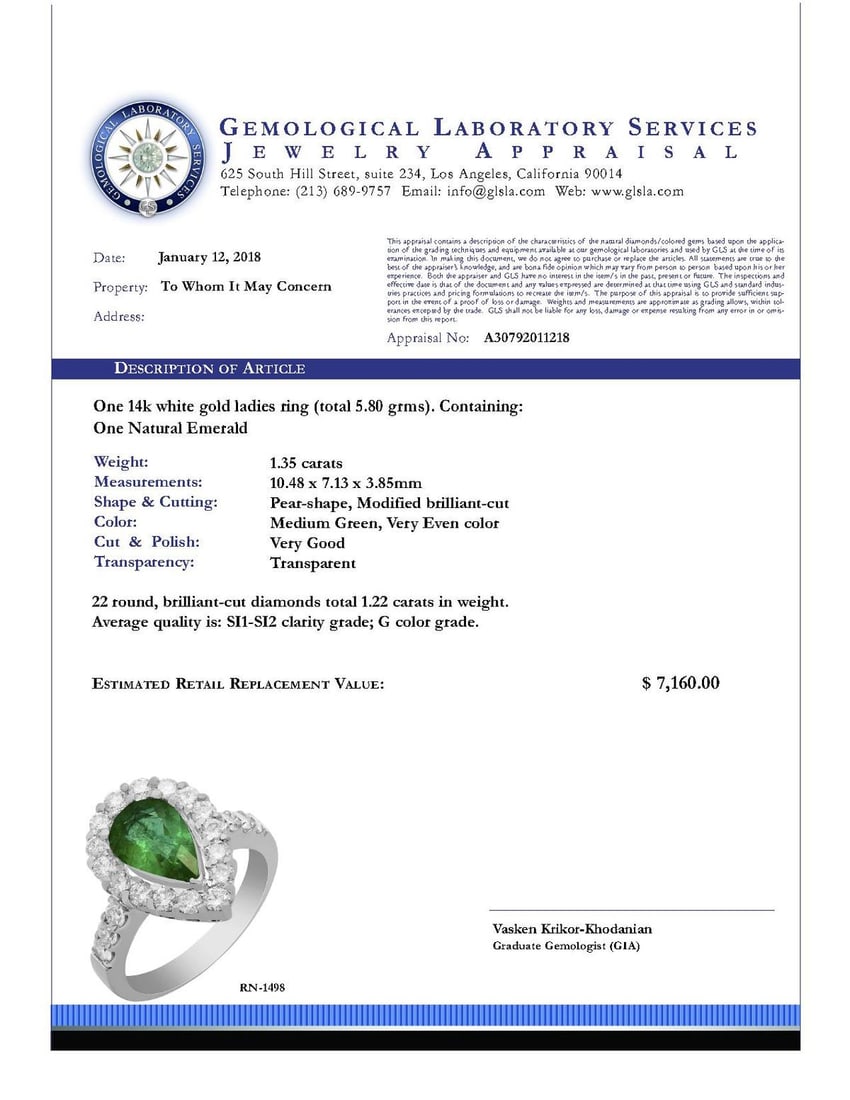 14k White Gold 1.35ct Emerald 1.22ct Diamond Ring - 4