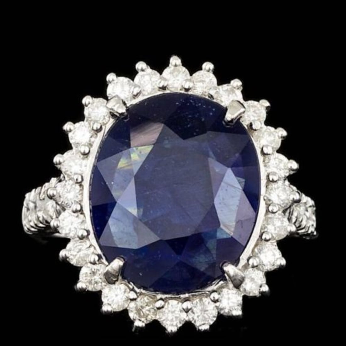 14K White Gold 8.82ct Sapphire and 1.12ct Diamond Ring: Retail: $8,000.00 ****** 14K White Gold 8.82ct Sapphire and 1.12ct Diamond Ring ****** Metal: 14K White Gold / Total Item Weight: 8.5 Grams / Country Made: United States / / Main Stone: Sapphire / Col