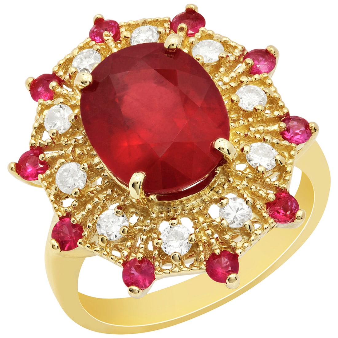 14k Yellow Gold 5.89ct & 0.53ct Ruby 0.42ct Diamond Ring: Retail: $5,010.00 ****** 14k Yellow Gold 5.89ct & 0.53ct Ruby 0.42ct Diamond Ring ****** Metal: 14K Yellow Gold / Total Item Weight: 6.80 grams / Country Made: United States / / Main Stone: Ruby /