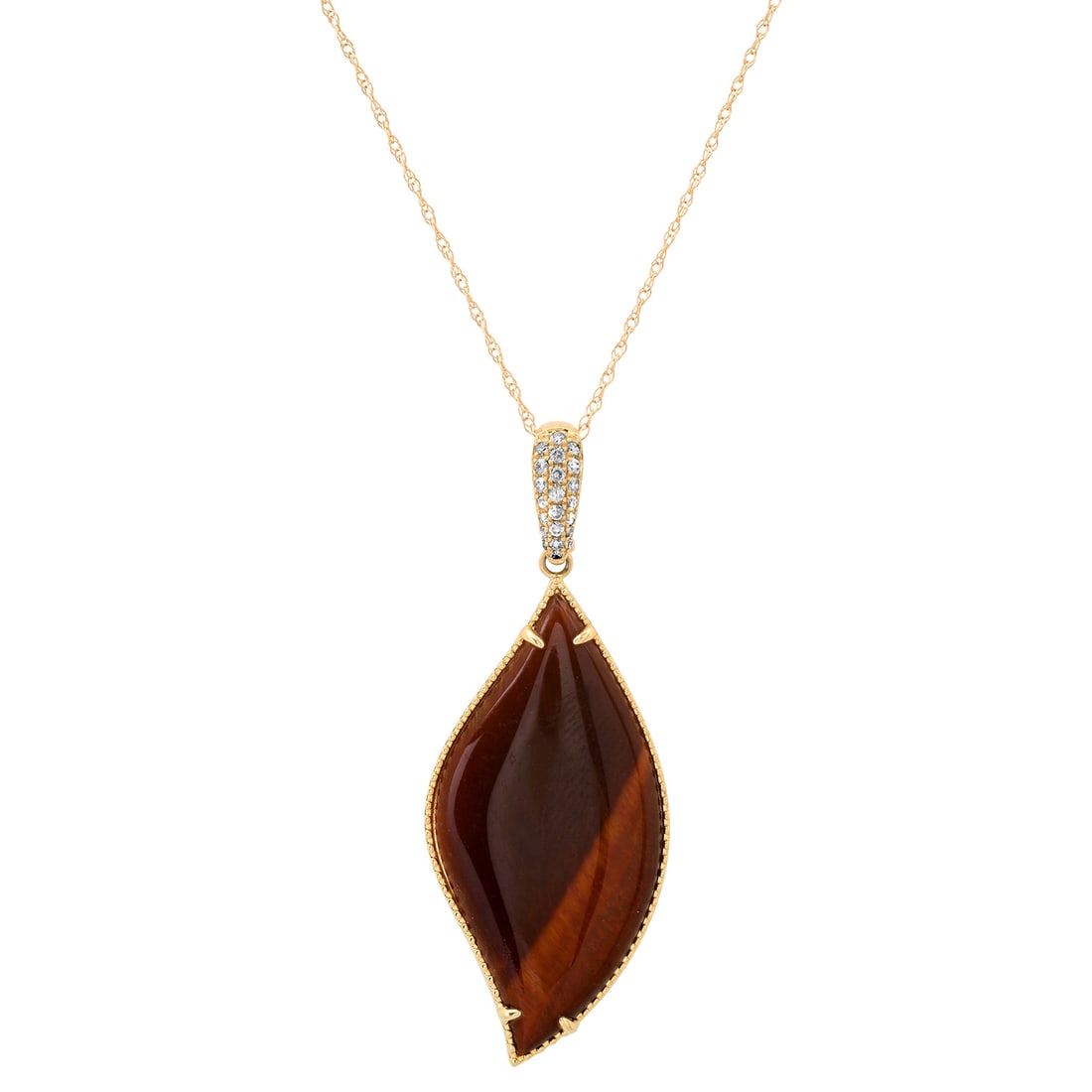 14K Rose Gold Setting with 4.95ct Tiger's Eye Quartz and 0.18ct Diamond Ladies Pendant: Retail: $3,070.00 ****** 14K Rose Gold Setting with 4.95ct Tiger's Eye Quartz and 0.18ct Diamond Ladies Pendant ****** Size: 18 / Metal: 14K Rose Gold / Total Item Weight: 4.6 Grams / Country Made: