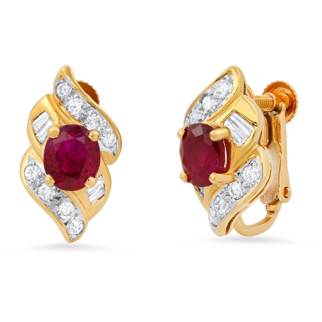 18K Yellow Gold Setting with 1.37ct Ruby and 0.56ct Diamond Earrings: Retail: $4,712.00 ****** 18K Yellow Gold Setting with 1.37ct Ruby and 0.56ct Diamond Earrings ****** Metal: 18K Yellow Gold / Total Item Weight: 5.4 Grams / Country Made: United States / / Main