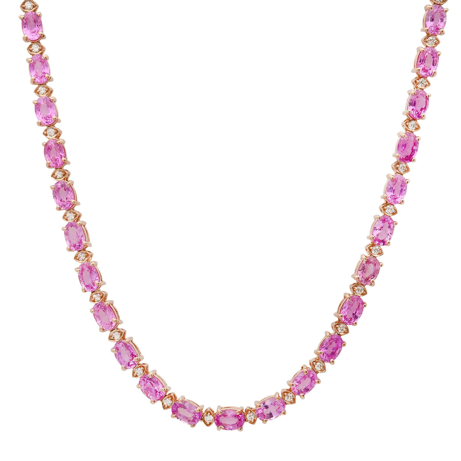 14K Rose gold with 37.65ct Pink Sapphire and 1.25ct Diamond Necklace: Retail: $51,522.00 ****** 14K Rose gold with 37.65ct Pink Sapphire and 1.25ct Diamond Necklace ****** Size: 18 / Metal: 14K Rose Gold / Total Item Weight: 25.8 Grams / Country Made: United States / / 
