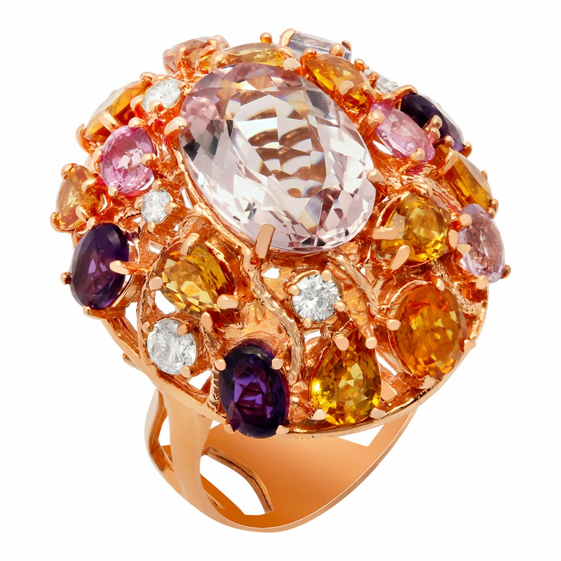 14k Rose Gold 7.50ct Morganite 5.78ct Sapphire 0.58ct Diamond Ring: Retail: $8,835.00 ****** 14k Rose Gold 7.50ct Morganite 5.78ct Sapphire 0.58ct Diamond Ring ****** Metal: 14K Rose Gold / Total Item Weight: 15.40 grams / Country Made: United States / / Main Stone: M
