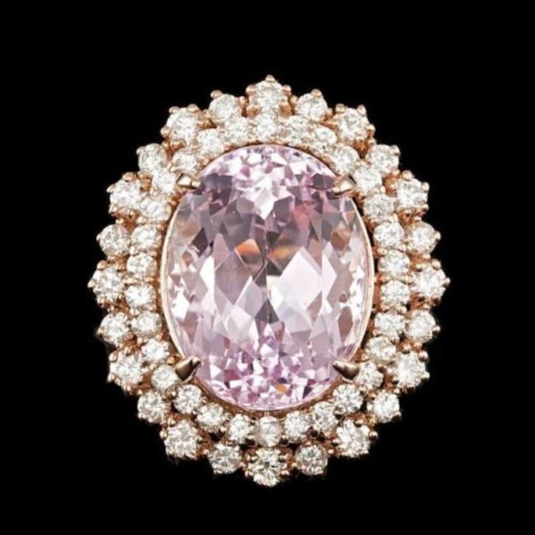 14K Rose Gold 13.72ct Kunzite and 1.86ct Diamond Ring: Retail: $19,770.00 ****** 14K Rose Gold 13.72ct Kunzite and 1.86ct Diamond Ring ****** Metal: 14K Rose Gold / Total Item Weight: 10.7 Grams / Country Made: United States / / Main Stone: Kunzite / Colo