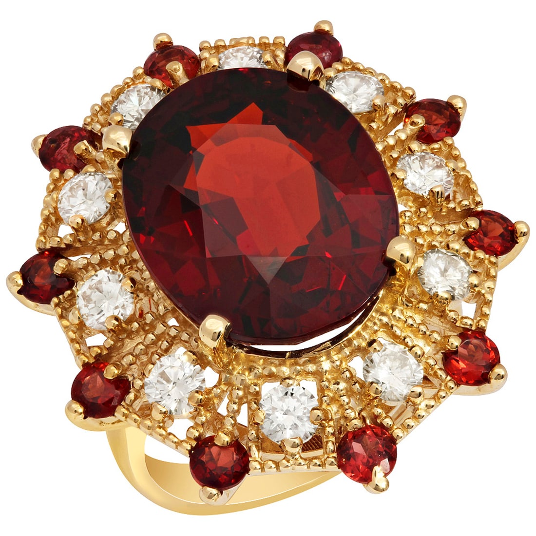 14k Yellow Gold 16.40ct & 1.00ct Garnet 1.19ct Diamond Ring: Retail: $8,700.00 ****** 14k Yellow Gold 16.40ct & 1.00ct Garnet 1.19ct Diamond Ring ****** Metal: 14K Yellow Gold / Total Item Weight: 12.50 grams / Country Made: United States / / Main Stone: Garnet