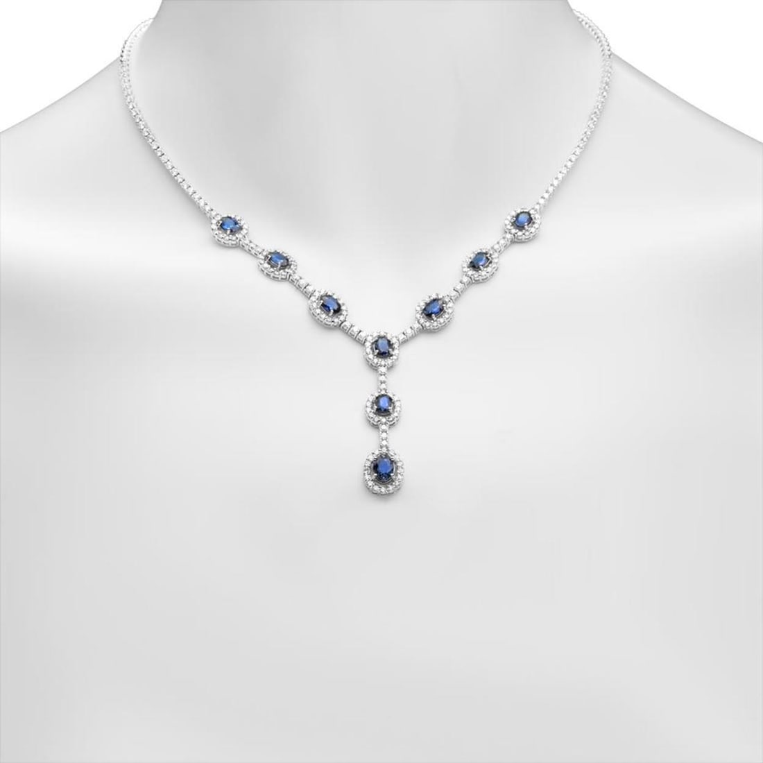 14K Gold 5.33ct Sapphire 5.70cts Diamond Necklace: Retail: $20,450.00 ****** 14K Gold 5.33ct Sapphire 5.70cts Diamond Necklace ****** Metal: 14K White Gold / Total Item Weight: 22.7 grams / Country Made: United States / / Main Stone: Sapphire / Color: