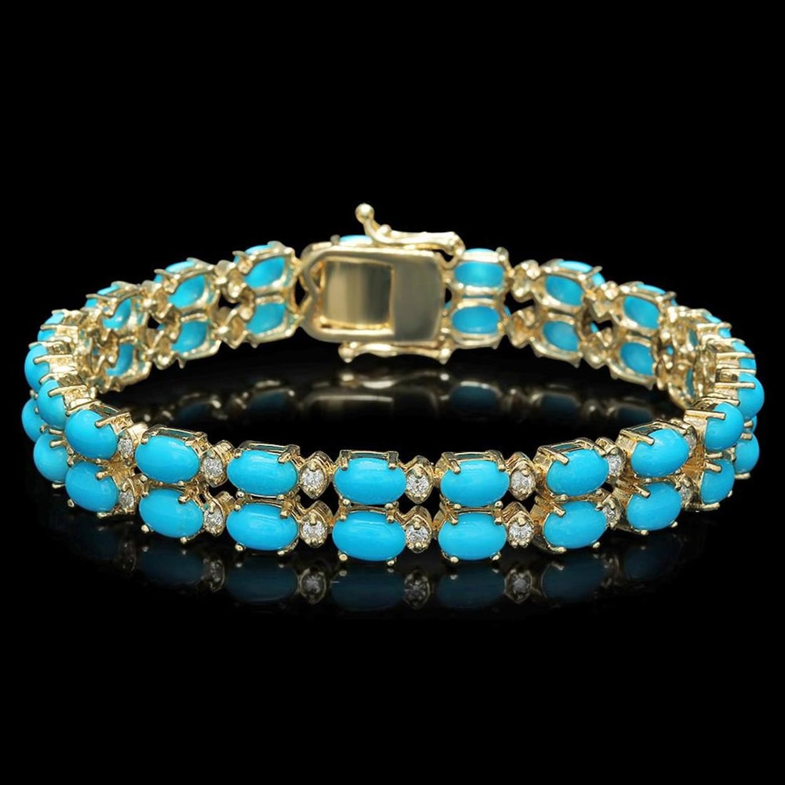 14K Gold 16.59ct Turqoise 1.22ct Diamond Bracelet: Retail: $13,860.00 ****** 14K Gold 16.59ct Turqoise 1.22ct Diamond Bracelet ****** Metal: 14K Solid Gold / Total Item Weight: 20.4 grams / Country Made: United States / / Main Stone: Turquoise / Color