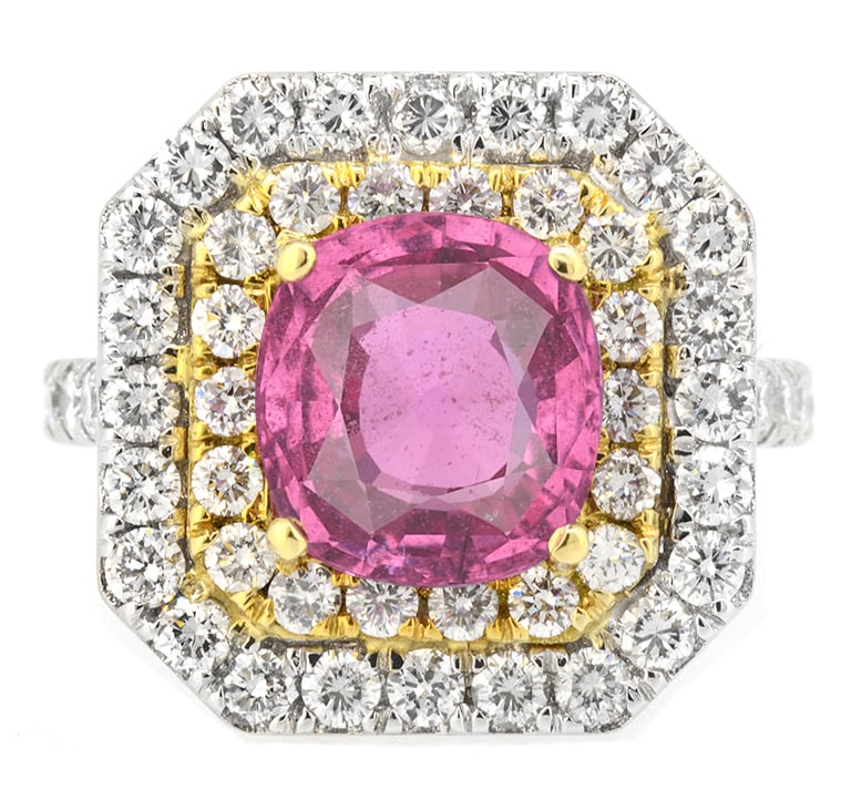 18K White Gold Ladies Ring with 4.16ct GIA Certified Pink Sapphire and 1.81ct tw Adjacent Diamonds: Retail: $51,000.00 ****** 18K White Gold Ladies Ring with 4.16ct GIA Certified Pink Sapphire and 1.81ct tw Adjacent Diamonds ****** Size: 6.5 / Metal: 18K White Gold / Total Item Weight: 10.7 Grams / 