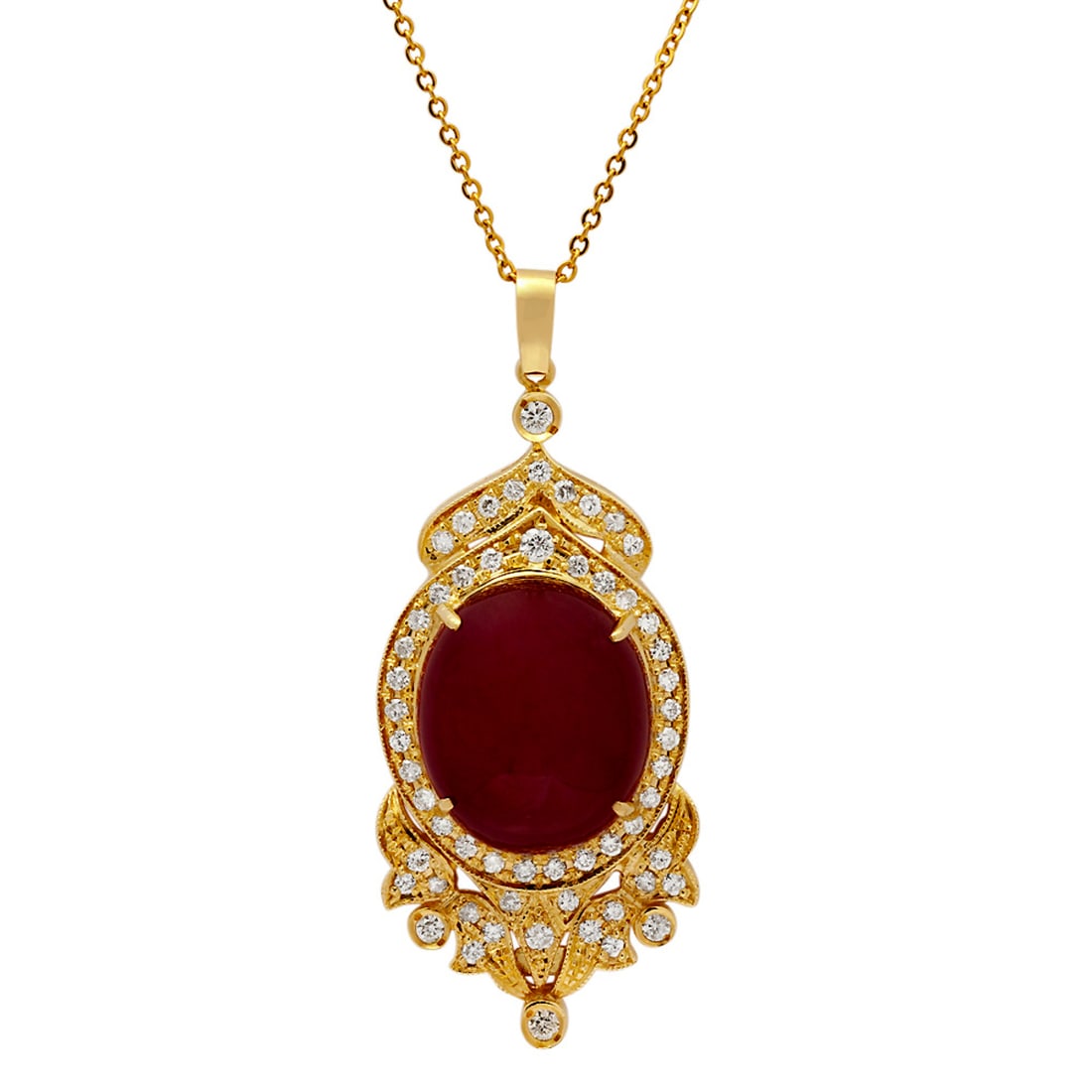 14k Yellow Gold 48.69ct Ruby 1.74ct Diamond Pendant: Retail: $19,990.00 ****** 14k Yellow Gold 48.69ct Ruby 1.74ct Diamond Pendant ****** Metal: 14K Yellow Gold / Total Item Weight: 25.60 grams / Country Made: United States / / Main Stone: Ruby / Color:
