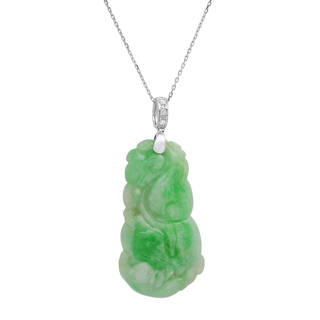 Jade Gourd" Carving with 14K White Gold and Diamond Bale": Retail: $1,100.00 ****** Jade Gourd" Carving with 14K White Gold and Diamond Bale ****** Size: 16" / Metal: 14K White Gold / Total Item Weight: 8.0 Grams / Country Made: United States / / Main Stone: