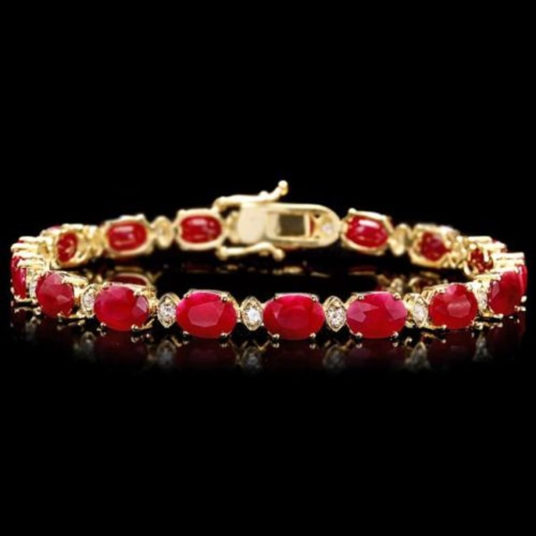 14K Gold 25.08ct Ruby 1.01ct Diamond Bracelet: Retail: $18,420.00 ****** 14K Gold 25.08ct Ruby 1.01ct Diamond Bracelet ****** Metal: 14K Yellow Gold / Total Item Weight: 16.5 Grams / Country Made: United States / / Main Stone: Ruby / Color: Red / 