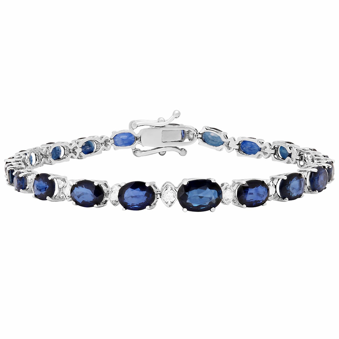 14k White Gold 13.30ct Sapphire 0.60ct Diamond Bracelet: Retail: $10,300.00 ****** 14k White Gold 13.30ct Sapphire 0.60ct Diamond Bracelet ****** Metal: 14K White Gold / Total Item Weight: 10.30 grams / Country Made: United States / / Main Stone: Sapphire /