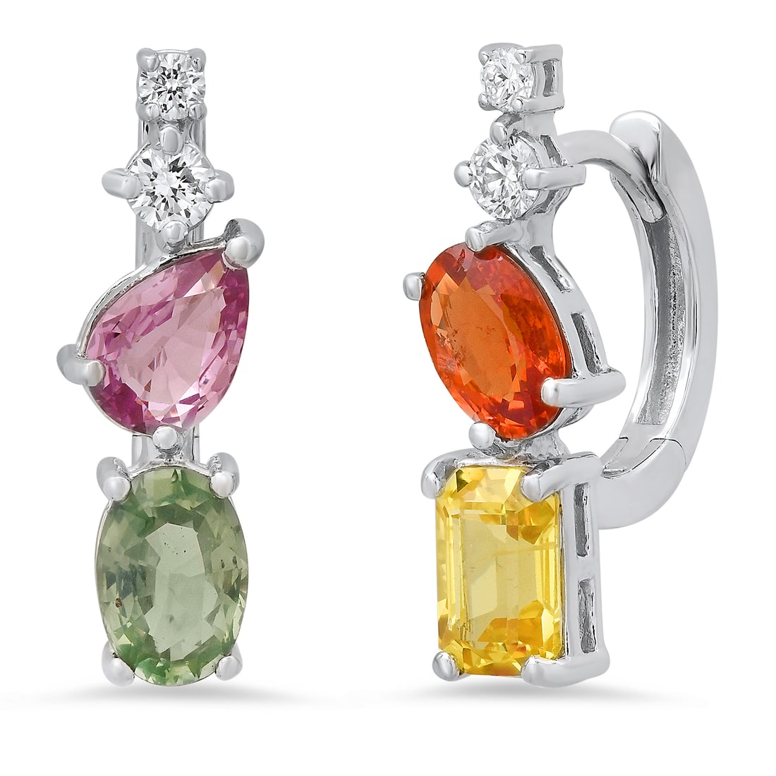 14K White Gold 2.6ct Multi-color Sapphire and 0.20ct Diamond Earrings: Retail: $4,120.00 ****** 14K White Gold 2.6ct Multi-color Sapphire and 0.20ct Diamond Earrings ****** Size: .75 Inches / Metal: 14K White Gold / Total Item Weight: 2.9 Grams / Country Made: United Sta