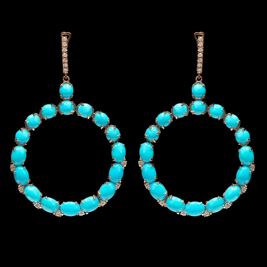 14k Rose Gold 28.12ct Turquoise 0.80ct Diamond Earrings: Retail: $15,990.00 ****** 14k Rose Gold 28.12ct Turquoise 0.80ct Diamond Earrings ****** Metal: 14K Rose Gold / Total Item Weight: 19.8 grams / Country Made: United States / / Main Stone: Turquoise / 